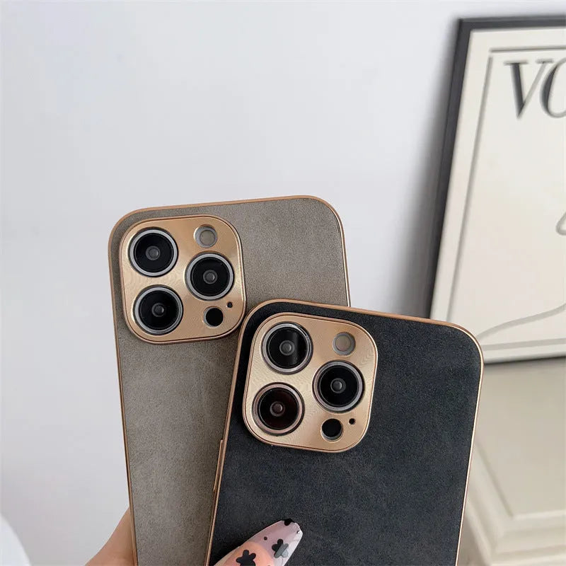 Electroplated sheepskin phone case with metal lens protector for iPhone in black