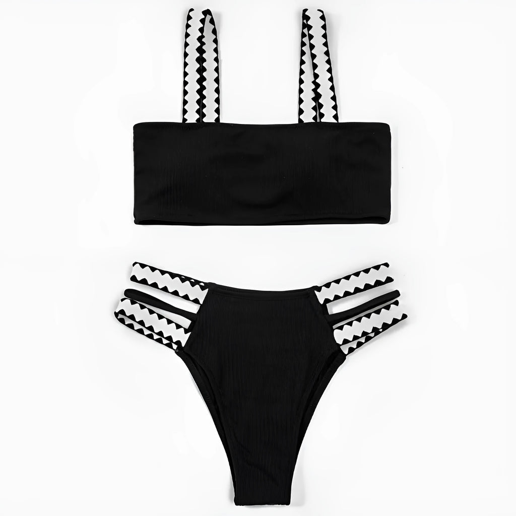 Black women's hollowed-out split swimsuit bikini set with cut-out design detail