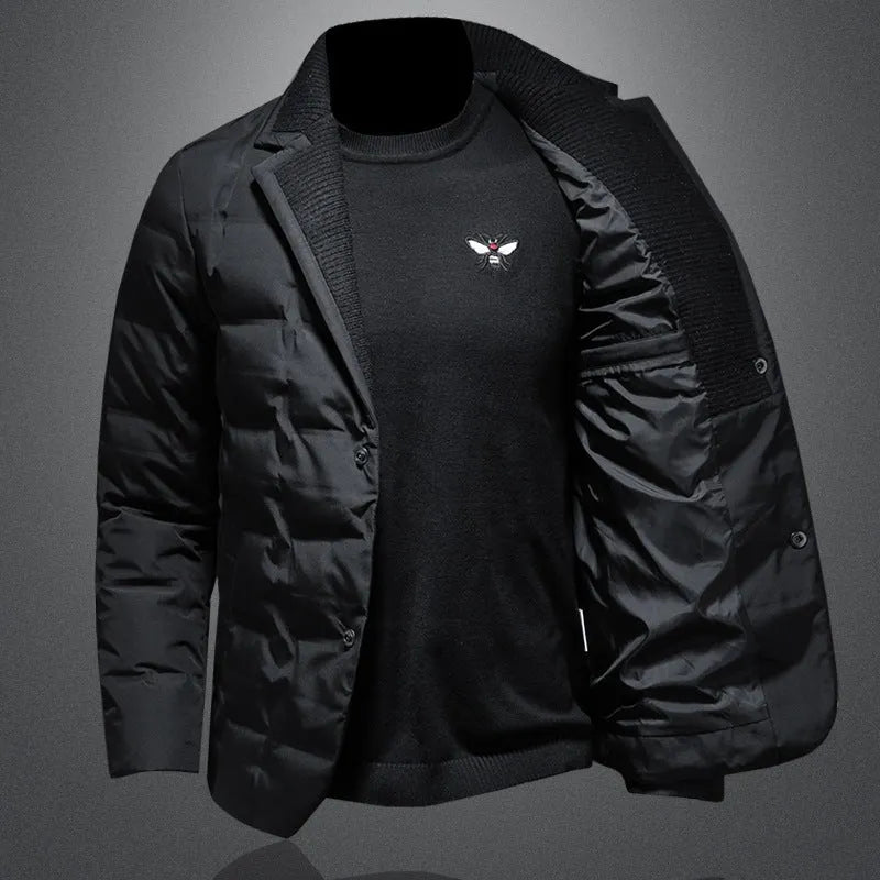 Men's black winter down jacket with white goose down filling, regular fit, 50cm length, polyester fibre shell