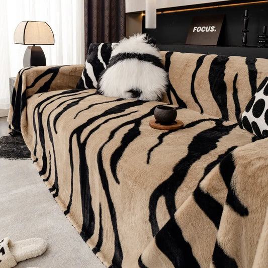 Zebra pattern sofa cover cloth in caramel colour showing flannel texture and non-slip backing, dimensions 180x200cm