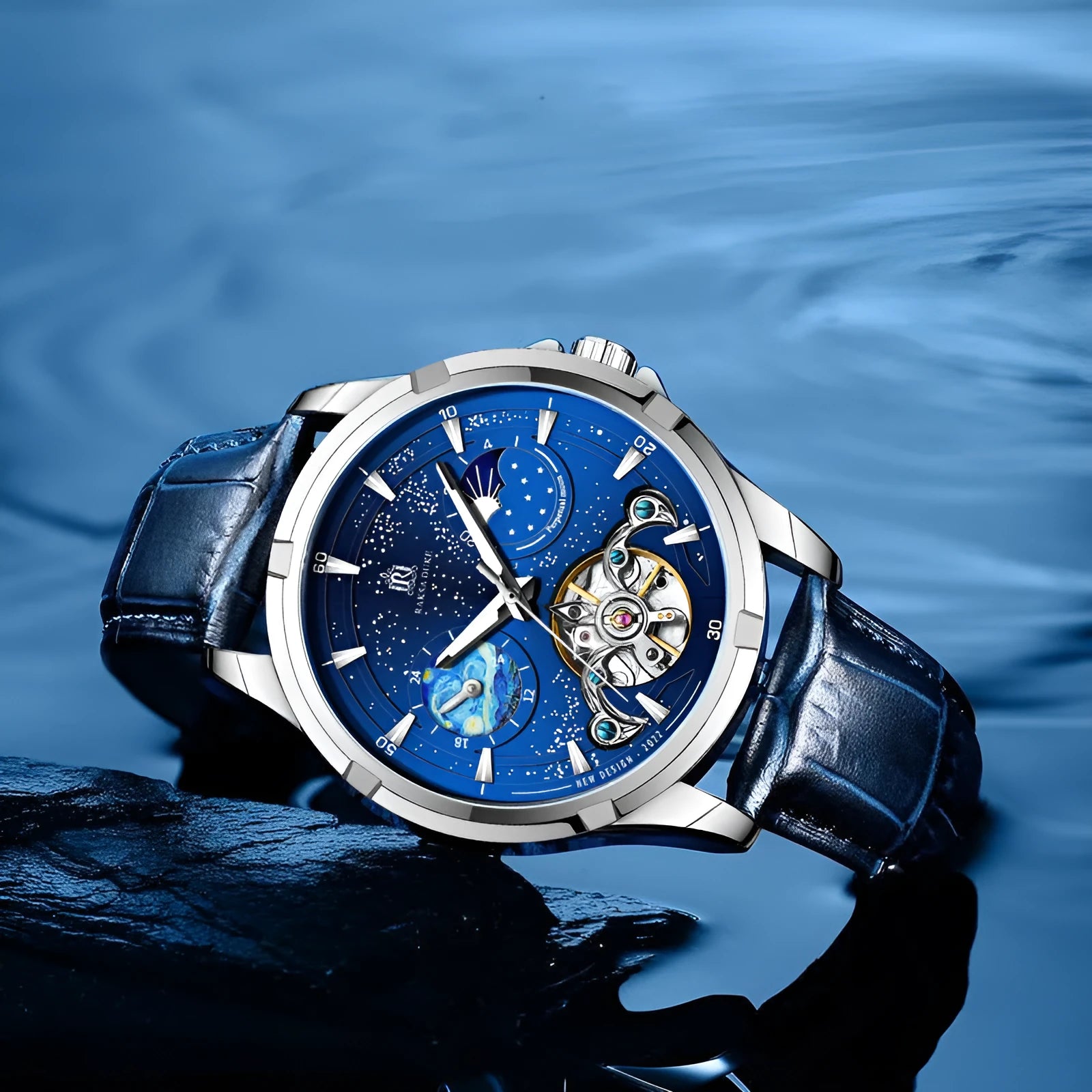 Men's blue automatic mechanical watch with 885b case on wrist