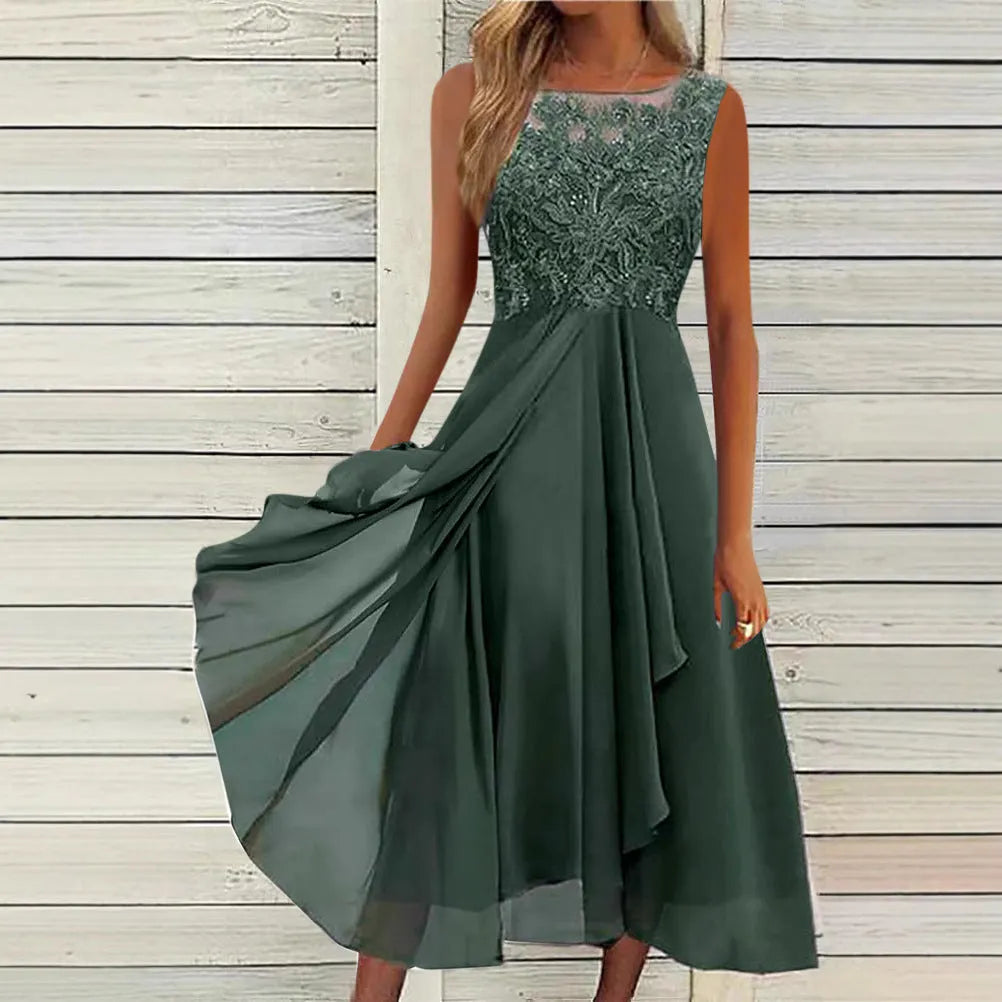 Women's sleeveless green chiffon dress with lace hollow-out stitching detail, midi length.