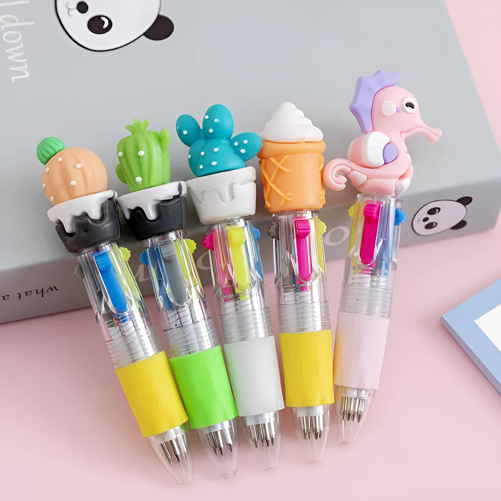 Cartoon-themed four-colour press ballpoint pen with plastic and silicone body and 0.7mm bullet tip