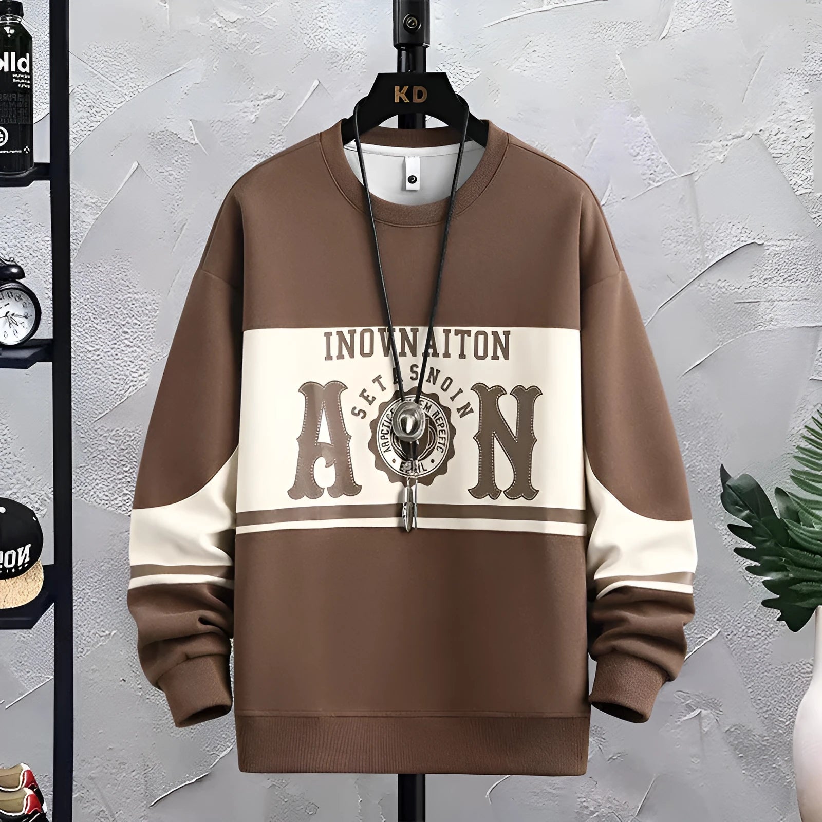 Men's fashion print crew neck sweatshirt in polyester, available in black, beige, green, and coffee colours, sizes M to 4XL