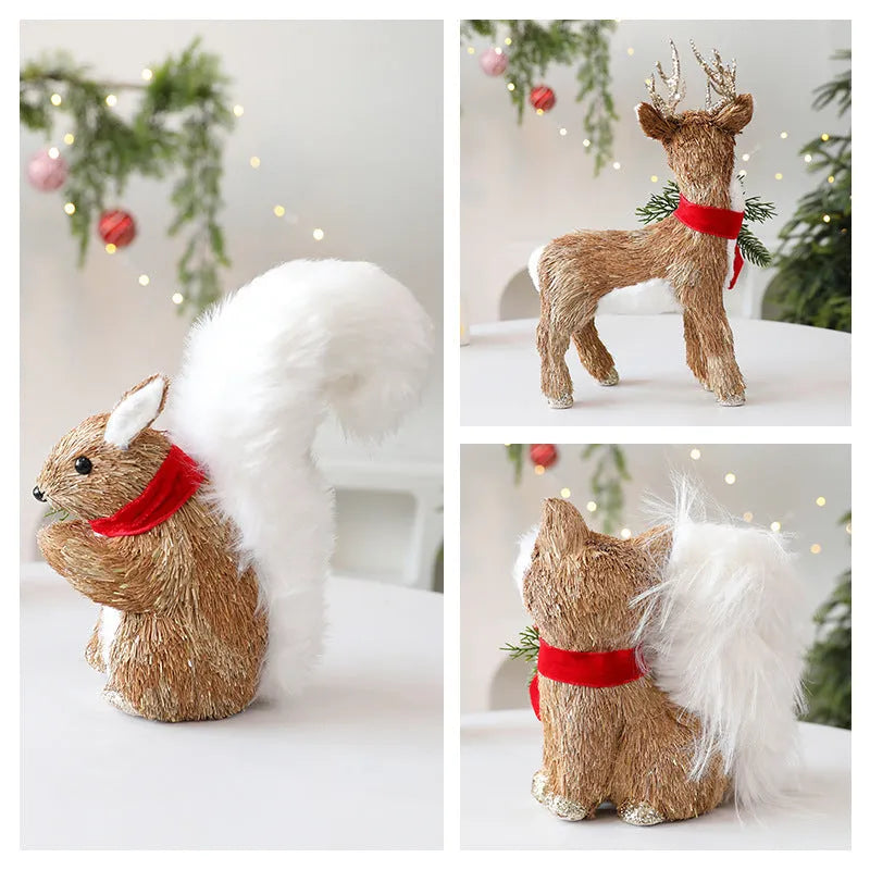 Straw Christmas ornament shaped like a squirrel, 15 cm tall, natural finish