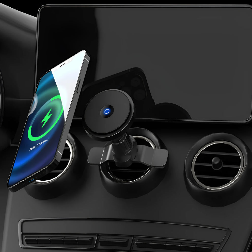 Aluminium alloy car wireless charger with magnetic bracket mounted to air vent