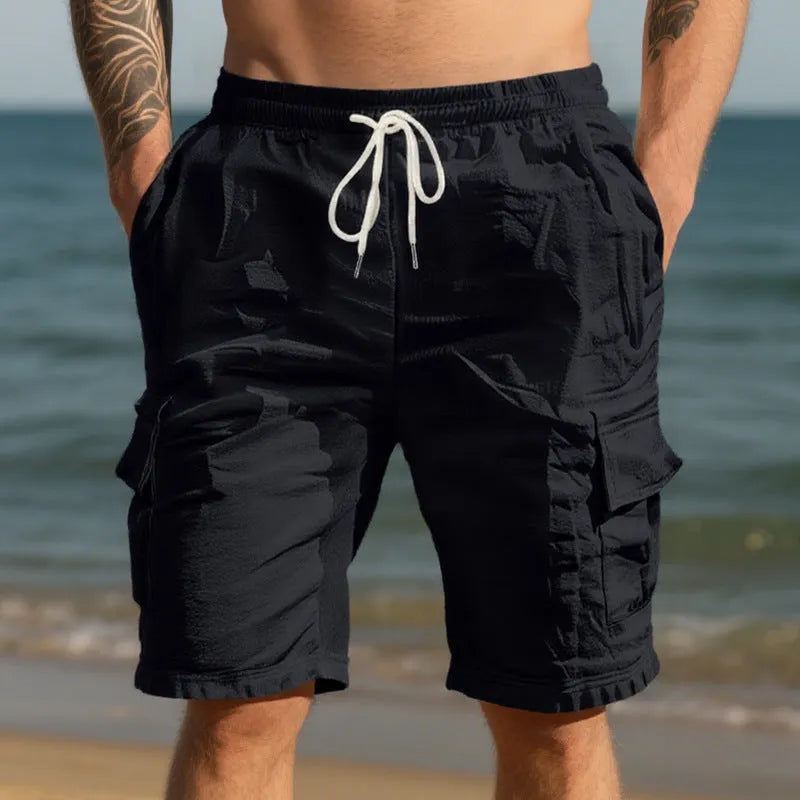 Men's linen casual shorts with multiple pockets in straight cut design