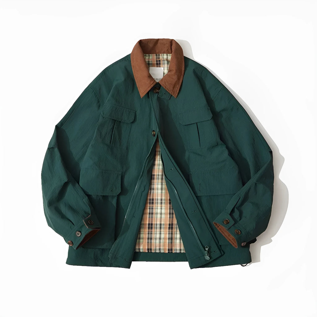 Green casual polyester jacket with side seam pockets on a person, showing front view
