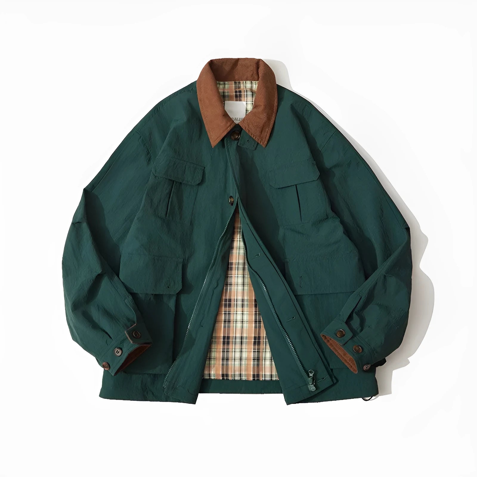 Green casual polyester jacket with side seam pockets on a person, showing front view