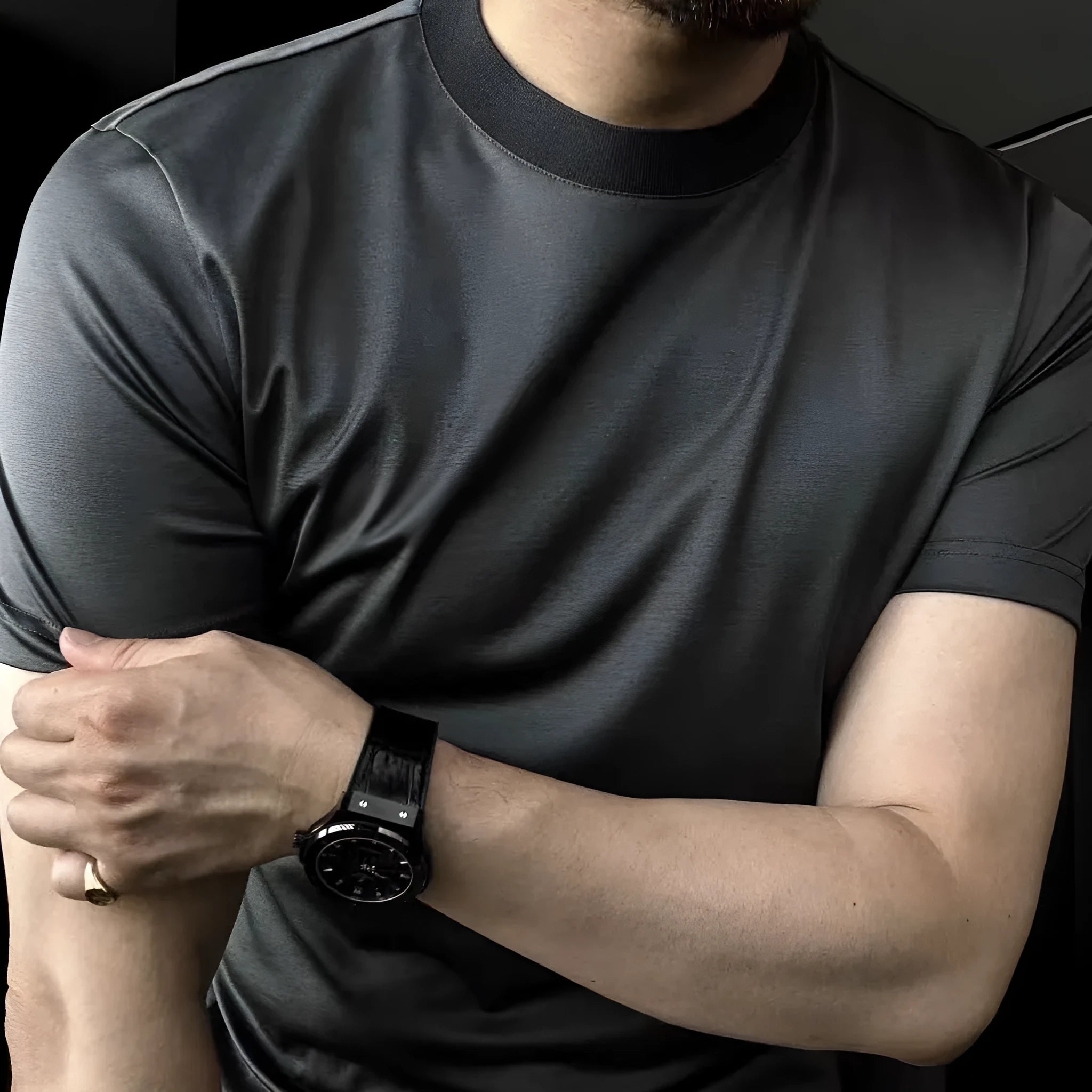 Ice Silk soft breathable round neck short sleeve T-shirt for men in black, dark gray, and light gray, sizes M to 4XL