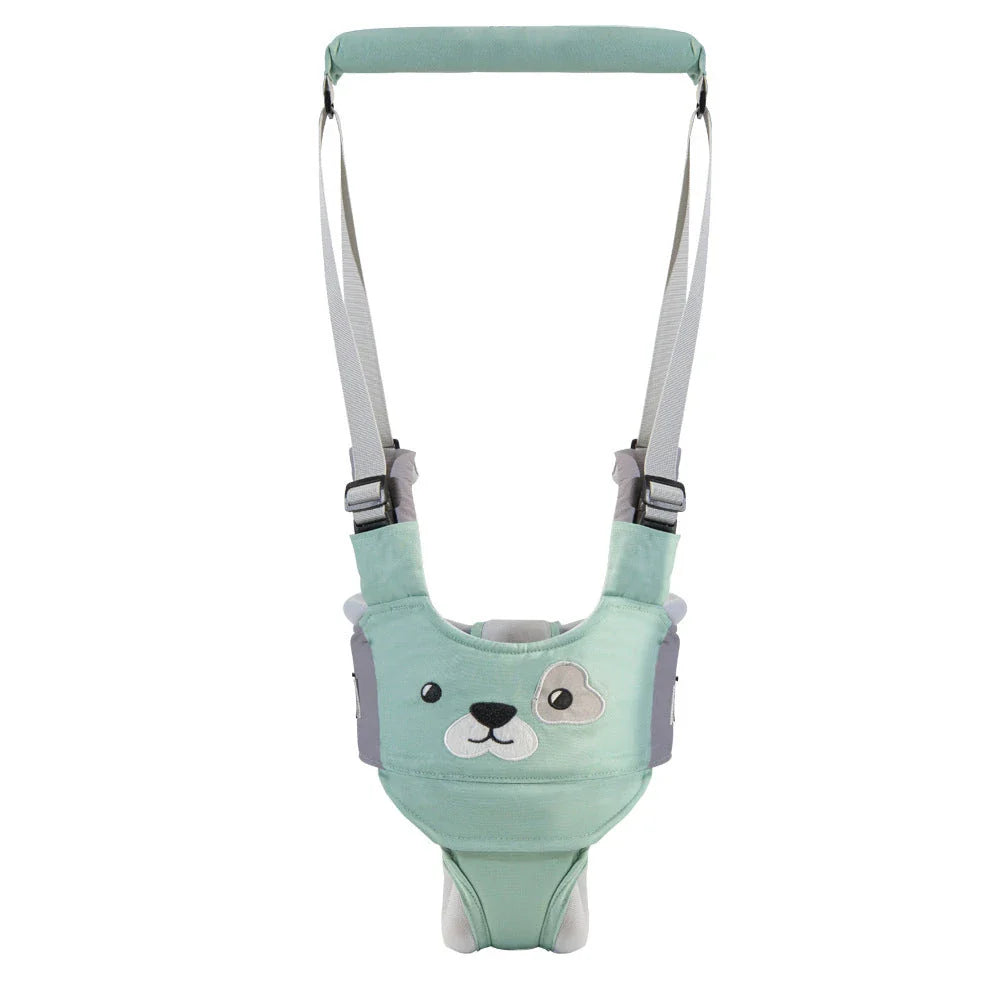 Hands-free baby walking harness in various colors, designed to support and guide toddlers during the early walking stages