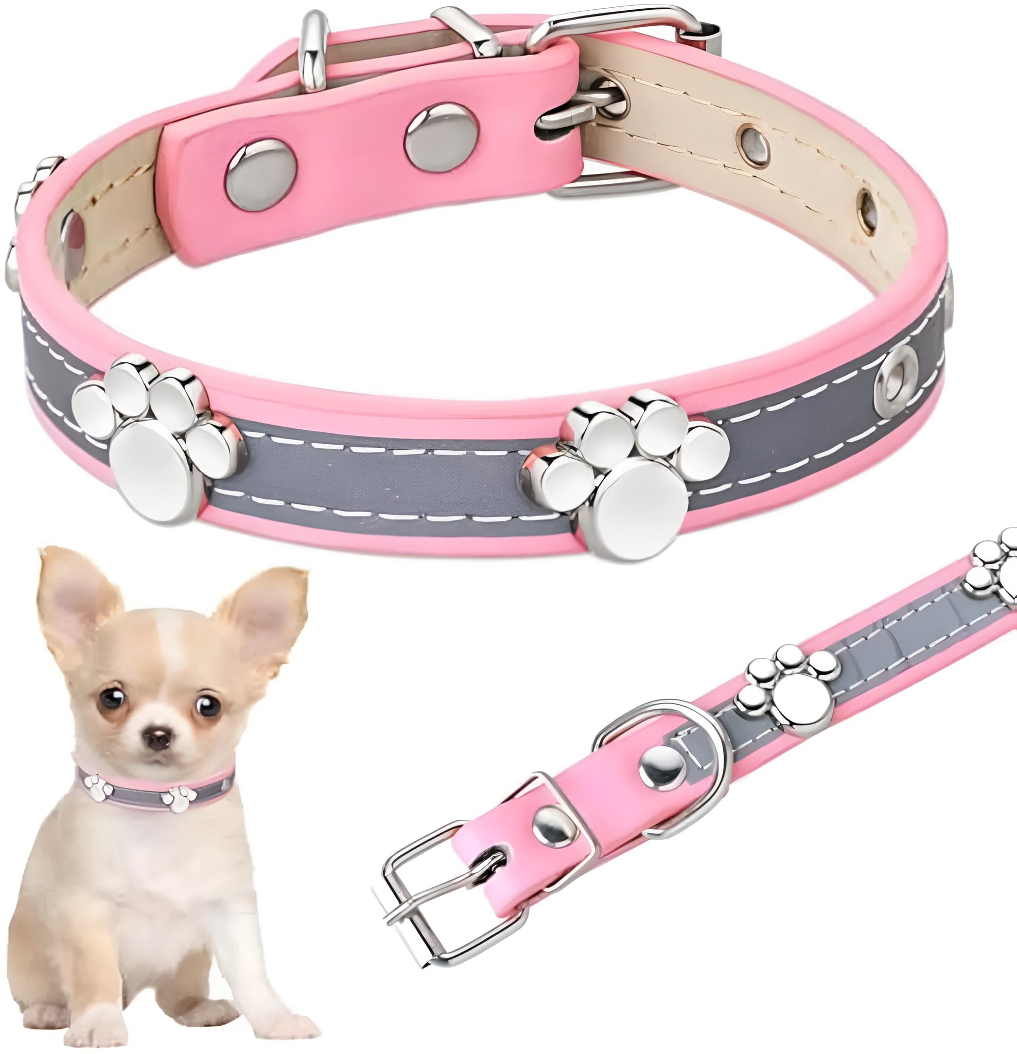 Reflective soft PU leather dog collar with metal buckle and decorative paw print rivets on a grey background.