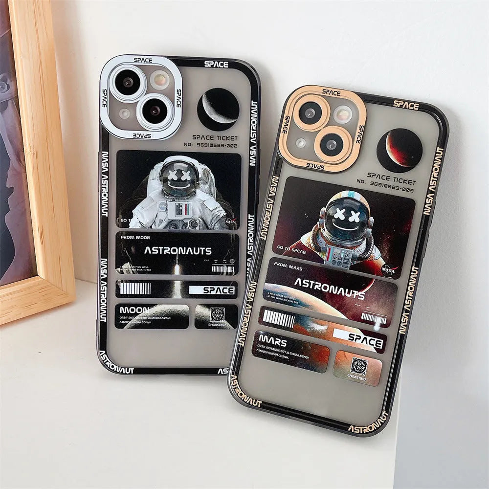 Blue-black silicone TPU iPhone case with a space astronaut graffiti print design.