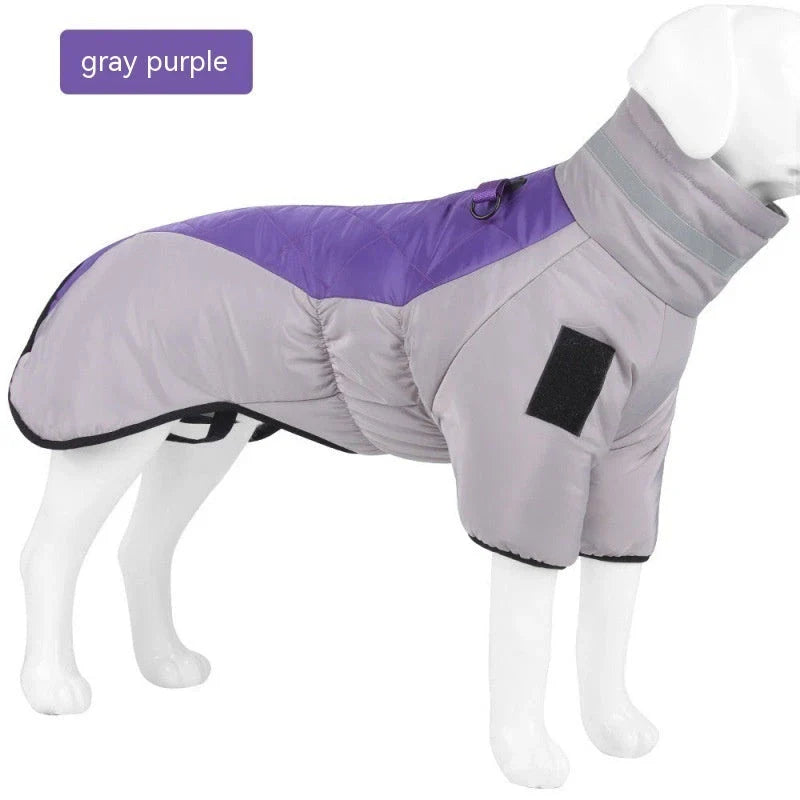 Cozy and waterproof dog coat with thickened insulation, skin-friendly crystal velvet, and adjustable fit for medium to large breeds.