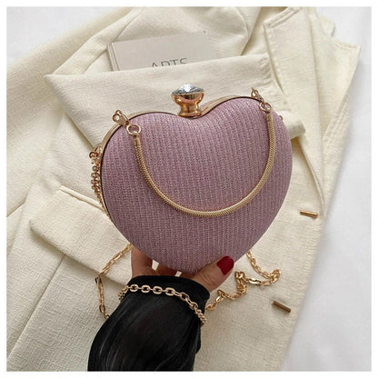 Heart-shaped shiny metal clutch bag with chain strap in various colours