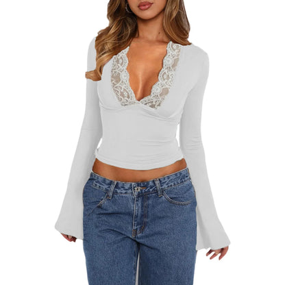 Slim V-neck Lace T-Shirt with Trumpet Sleeves for Women in white and black