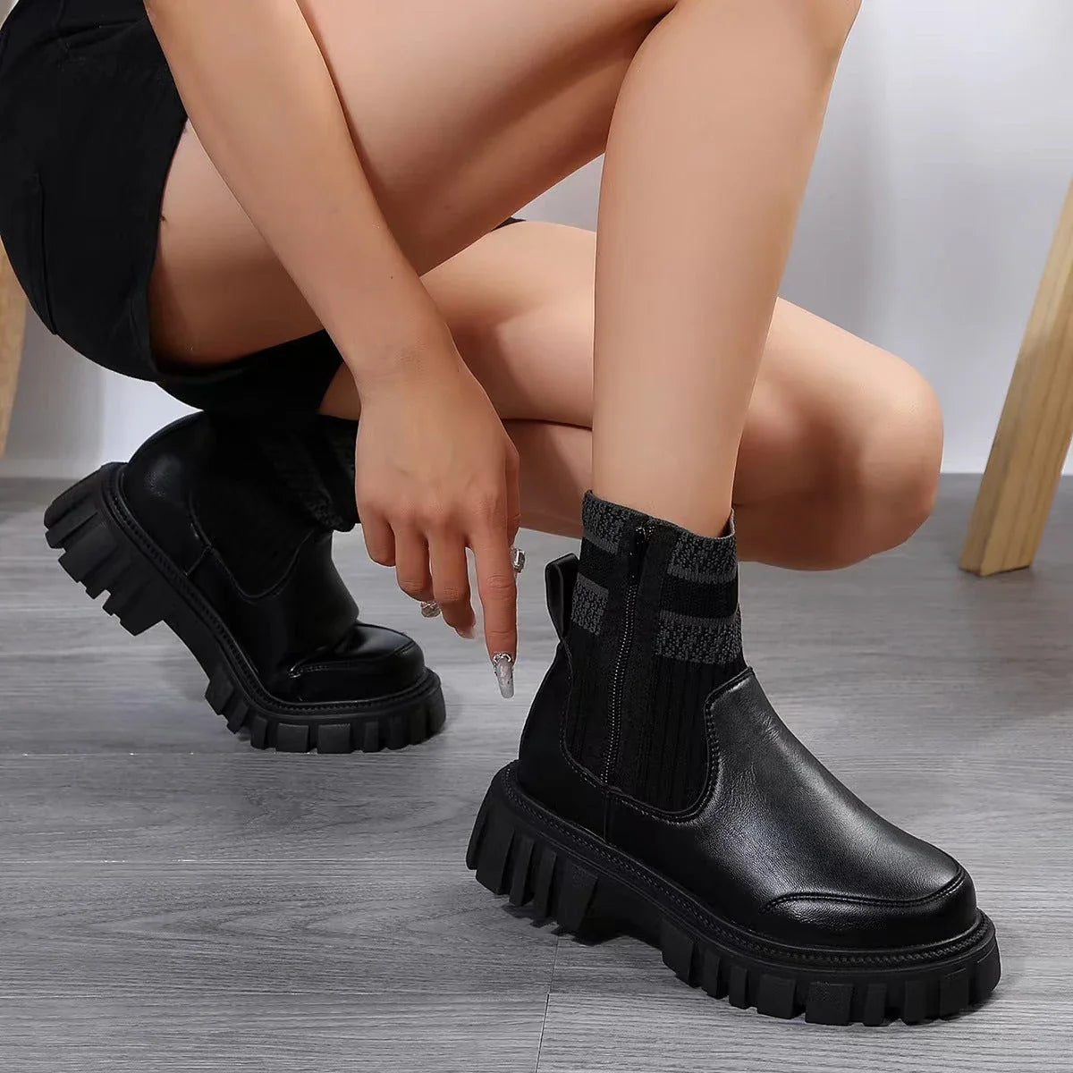 Stylish zipper boots with non-slip rubber sole, knitted patchwork upper, and round toe design for women