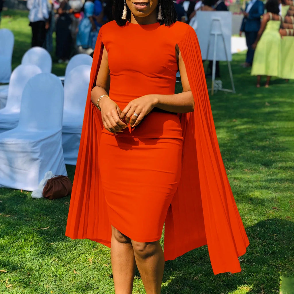 Long sleeve high waist evening gown with a pleated shawl in yellow, orange, red, or green
