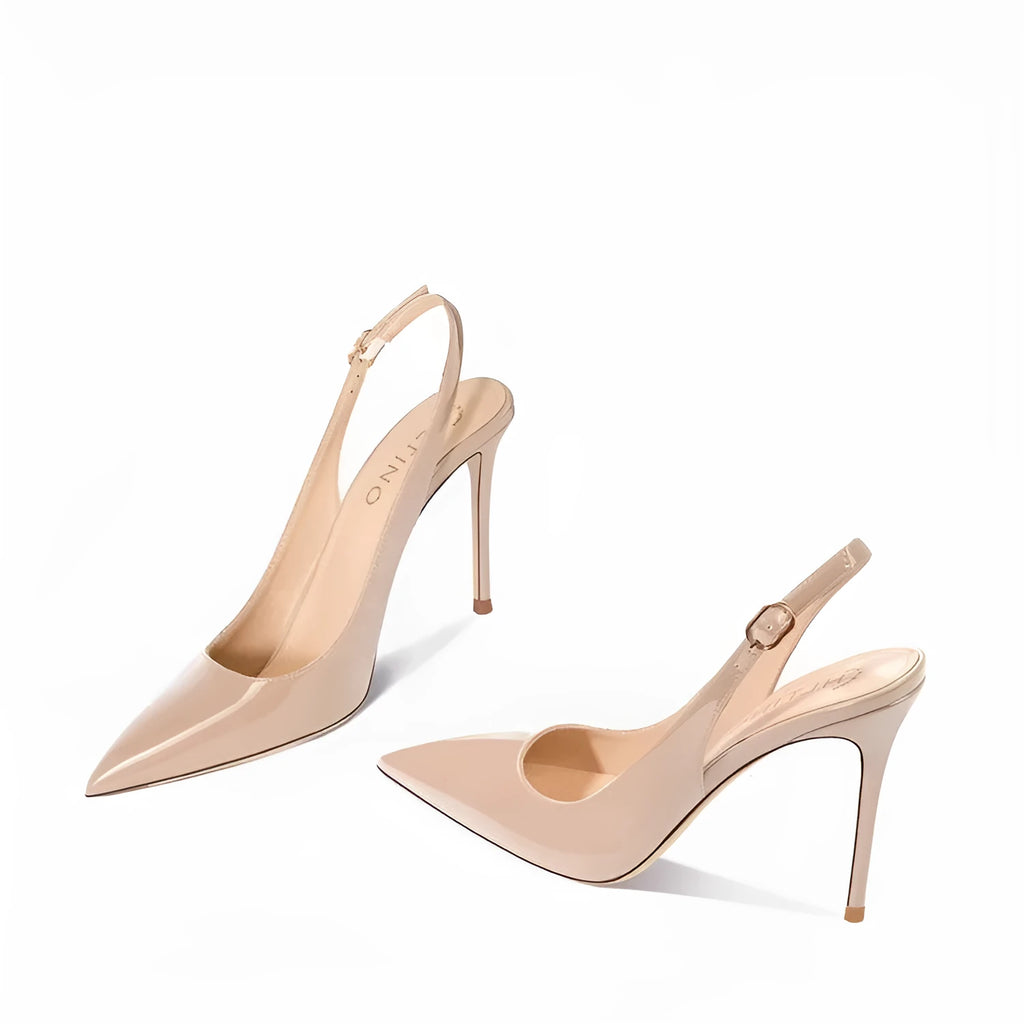 Women's nude high-heeled sandals with an ankle strap and hollow-out design on a soft PU upper.