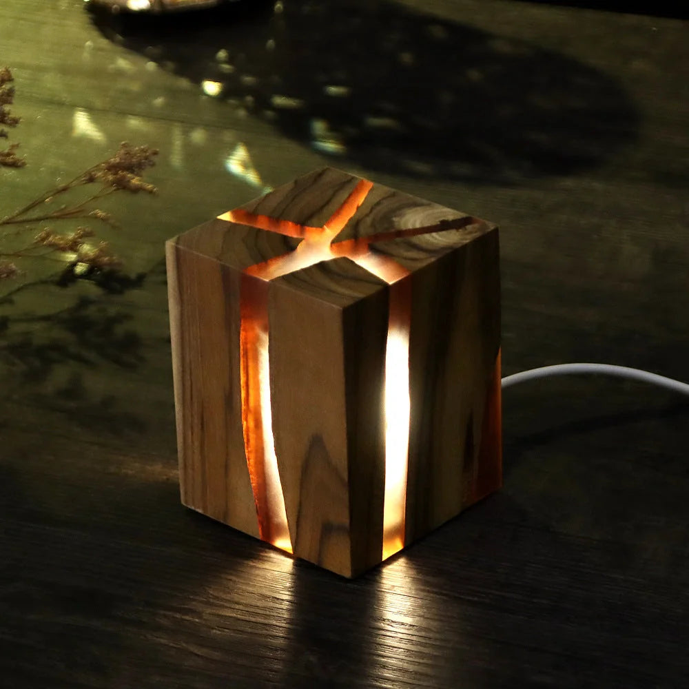 Adjustable wooden LED desk lamp with USB charging port and rustic design