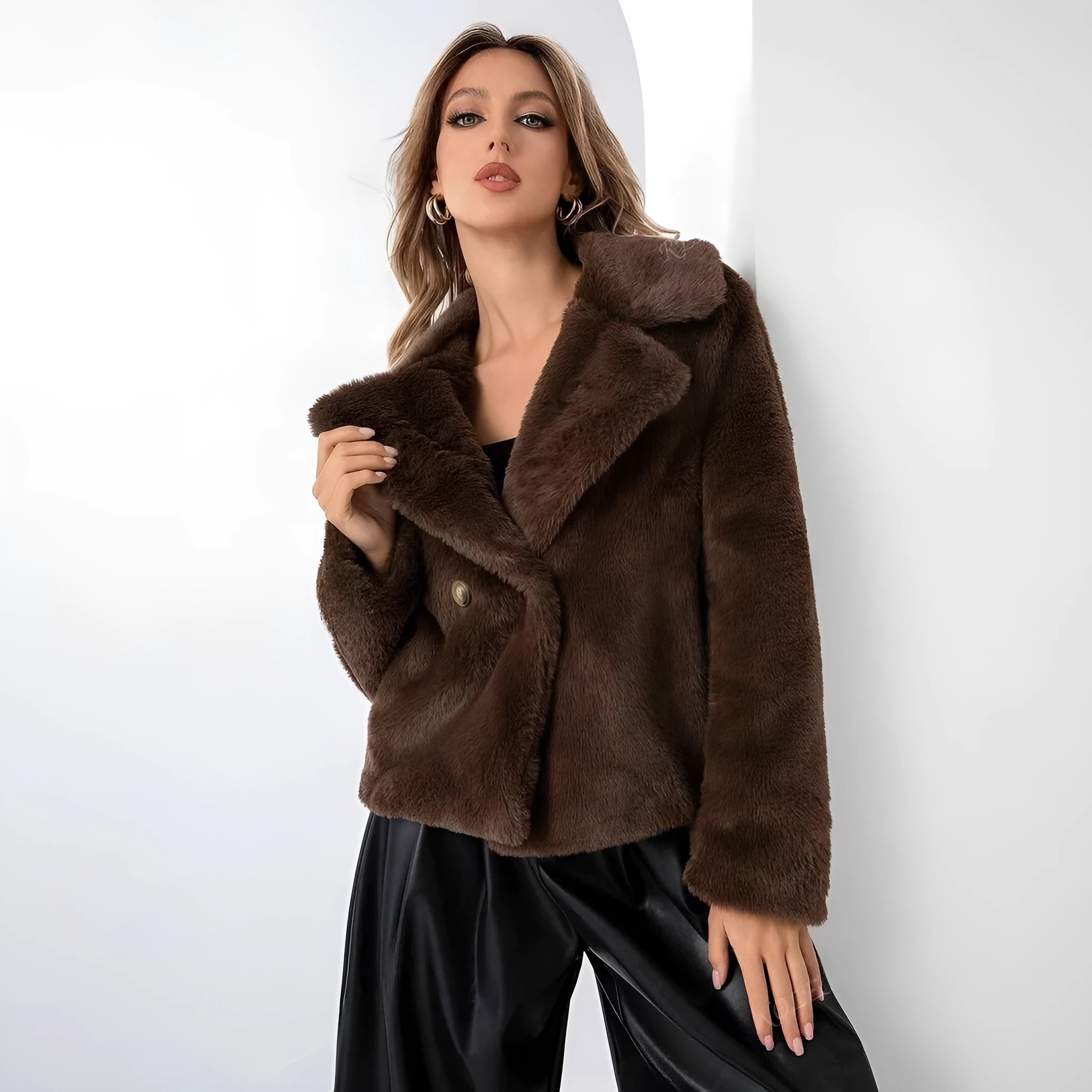 Women's loose short faux fur coat in rose red, shown on a model.