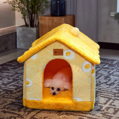 Cozy Pet Cave: Foldable plush dog house with warm removable cushion in various color options