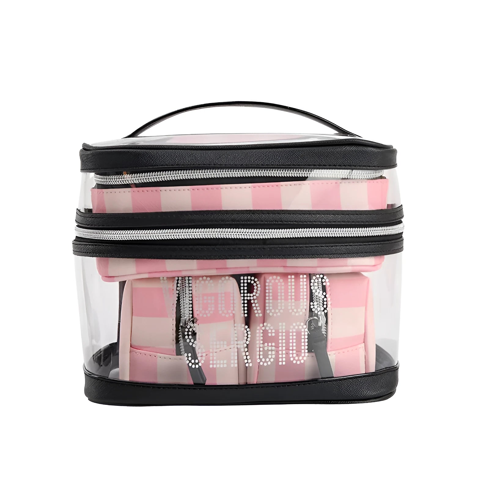 Pink bold stripes floral pattern synthetic leather makeup bag with nylon lining