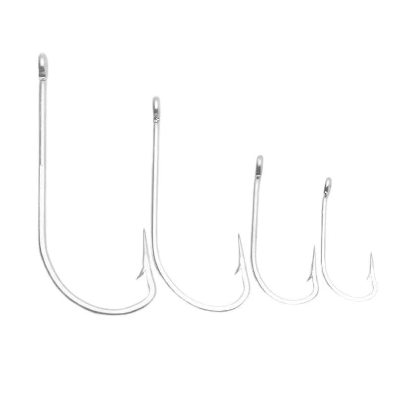Selection of stainless steel alloy fishing hooks for sea fishing in multiple styles.