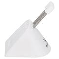Black and white ABS plastic mouse cable holder bracket for wired gaming mice on a desk.