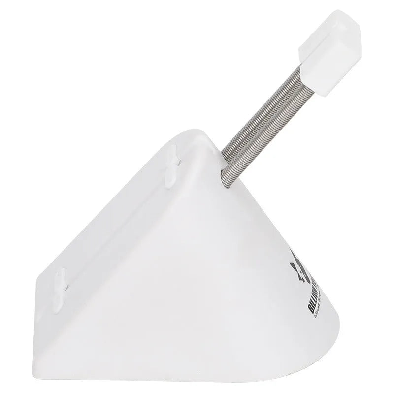 Black and white ABS plastic mouse cable holder bracket for wired gaming mice on a desk.