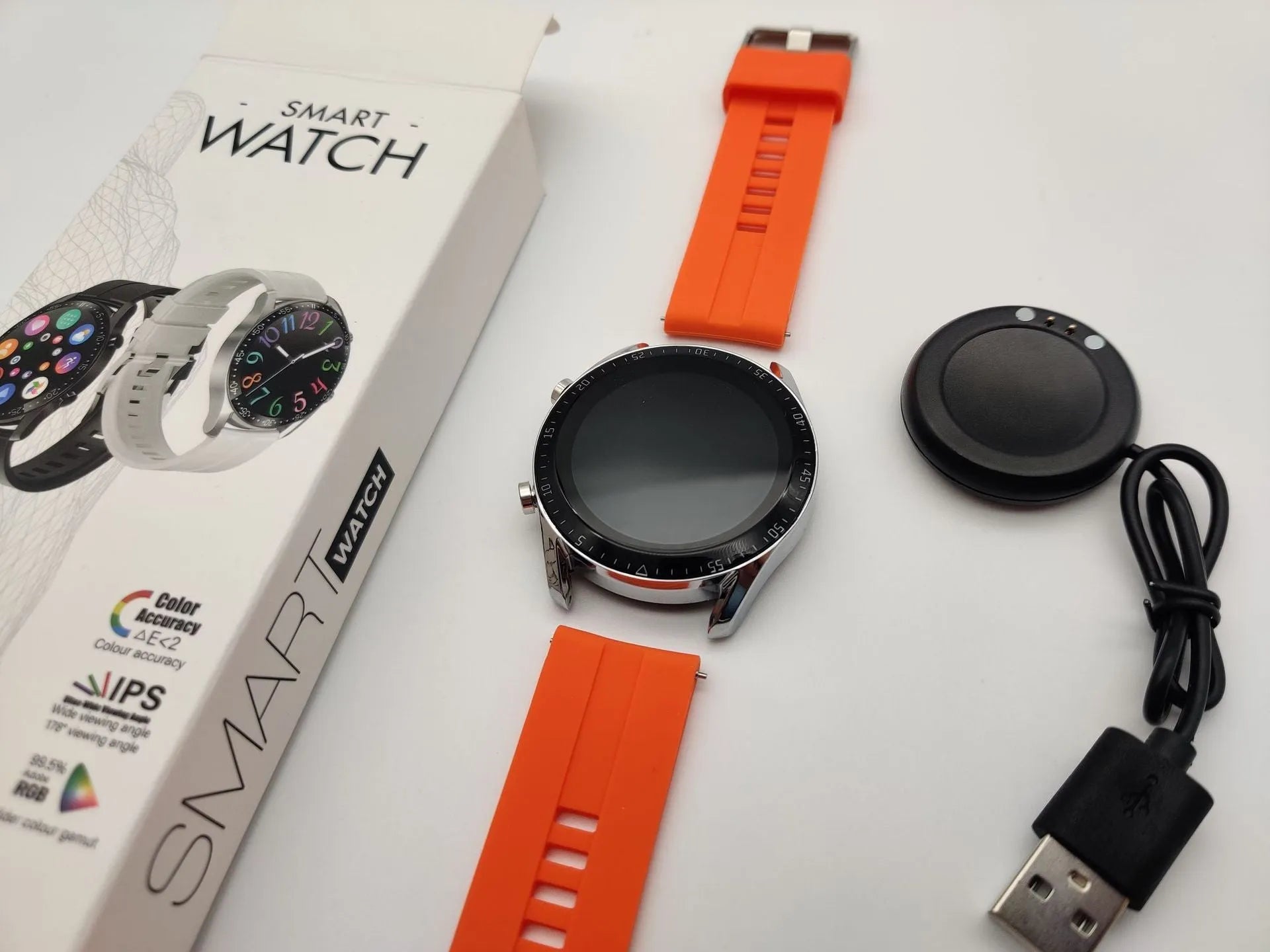 Round 46mm aluminium alloy smartwatch with touchscreen displaying heart rate and call functions