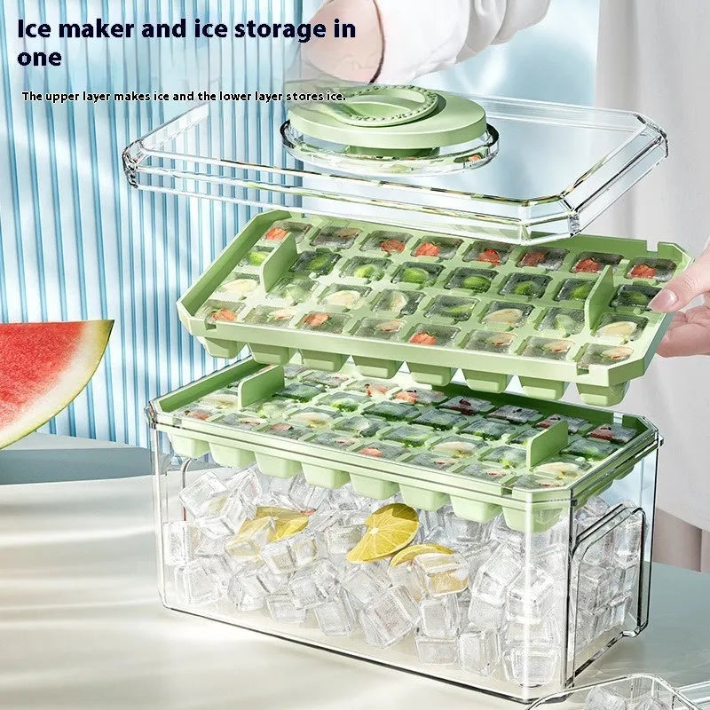 PP plastic ice cube tray with pressing lid, white single layer 32 grid, stackable quick demould design