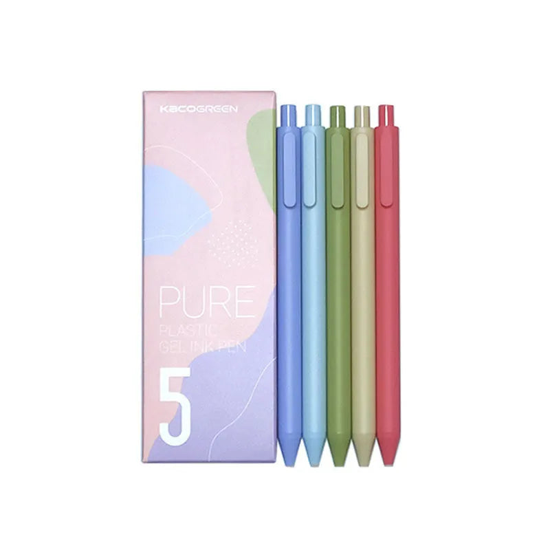 Five candy-colour gel pens with 0.5mm fine point and plastic body on a white background