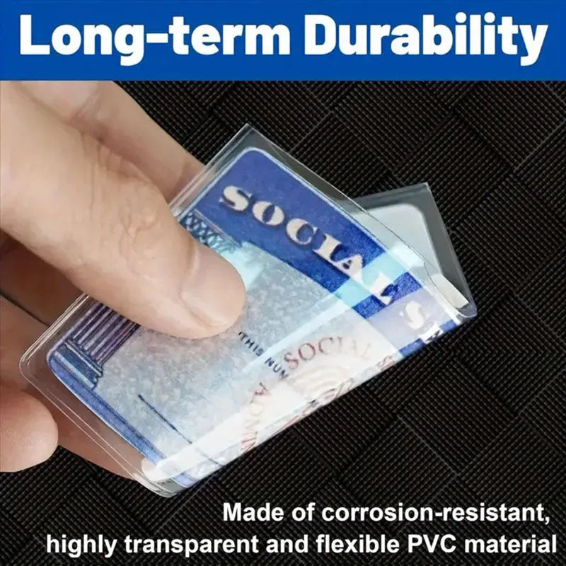 Transparent PVC credit card holder showing a social security card inside, dimensions 9.7cm by 5.9cm.