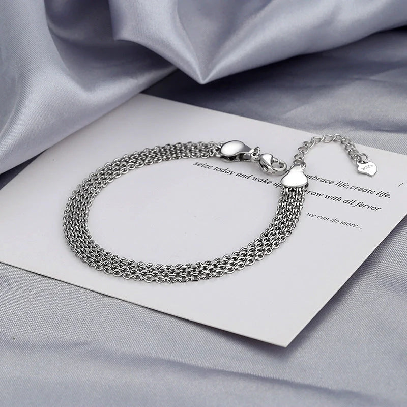 Multi-layer lace woven round beads chain bracelet in white gold color