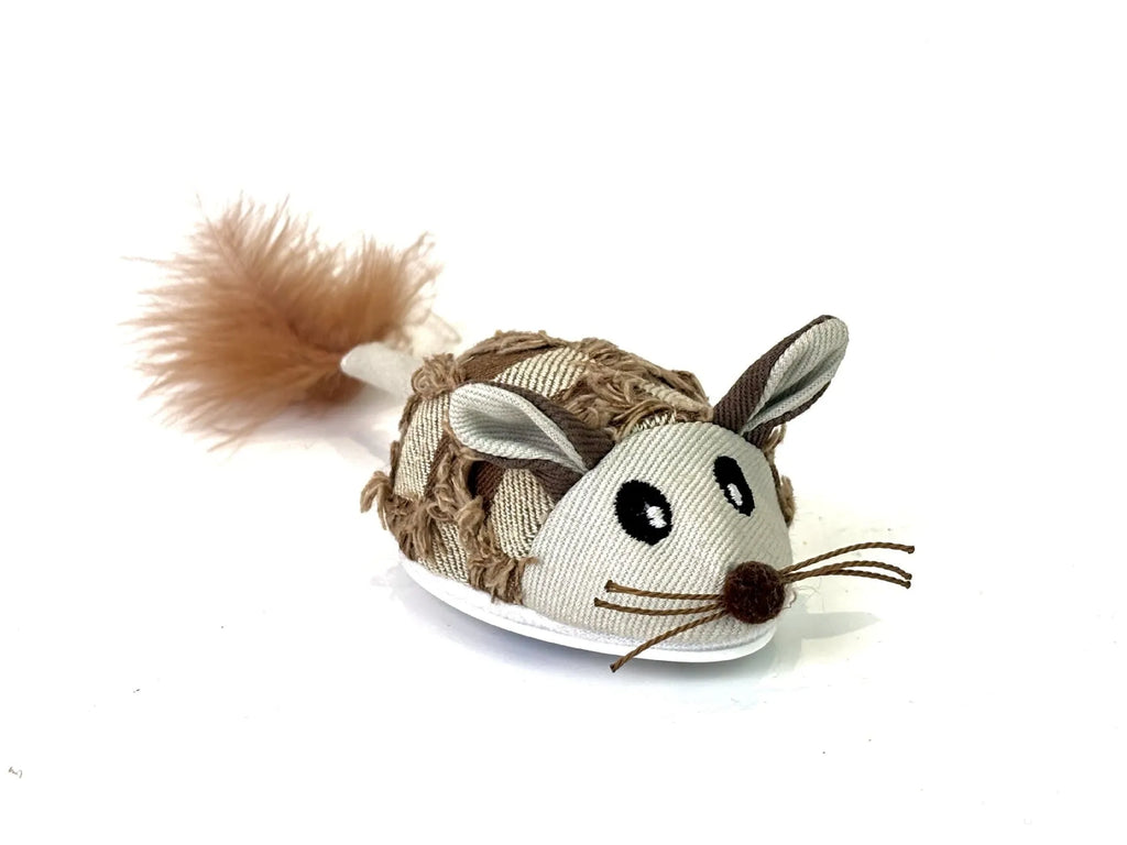 Electronic moving mouse cat toy with feather tail in blue and yellow colour options