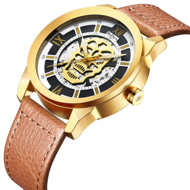 Biden men's hollow quartz watch with brown leather strap showing calendar function