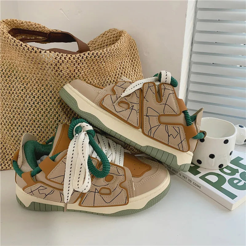 Women's casual sneakers in brown artificial pu with flat heel round toe and front lace-up