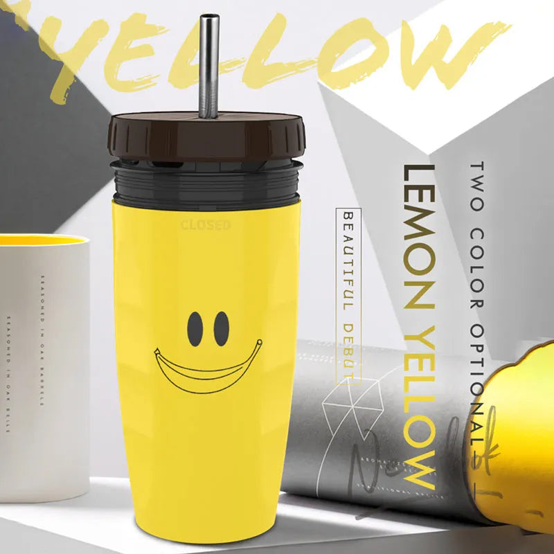 Cartoon pattern double-wall insulation travel tumbler with twist-top silicone seal and straw