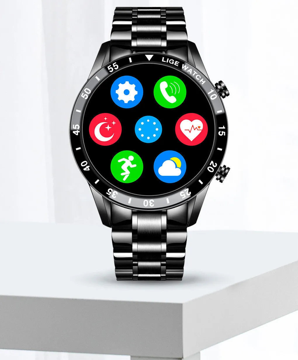 Smart watch with stainless steel wristband and 1.3-inch touchscreen display showing step count