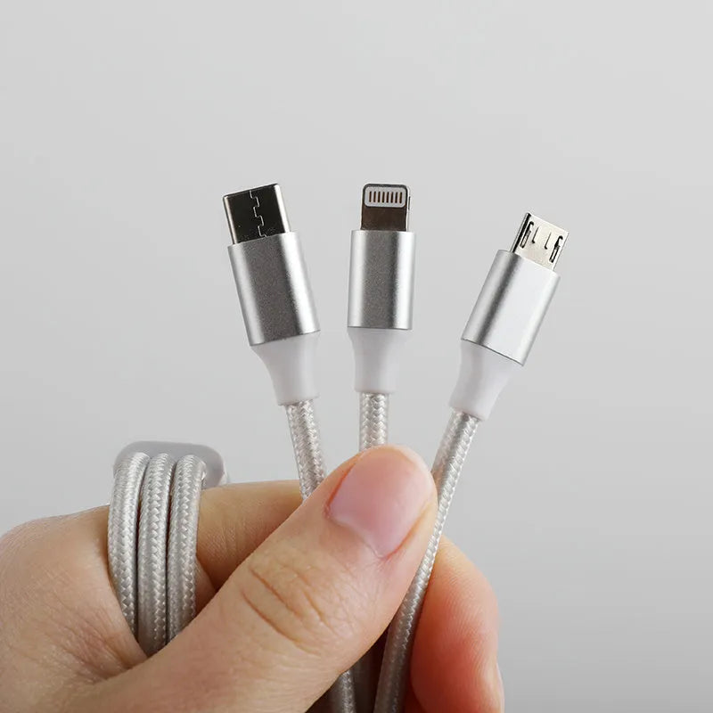 Type-C three-in-one data cable in white with nylon braided wire, 2 metre length, three charging heads