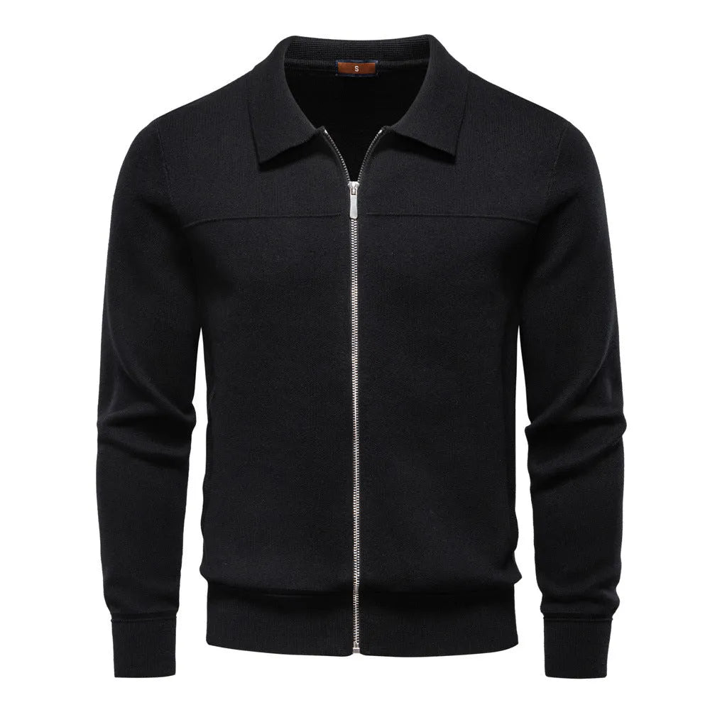 Men's zipper cardigan jacket in 100% cotton, slim fit, black colour, front view