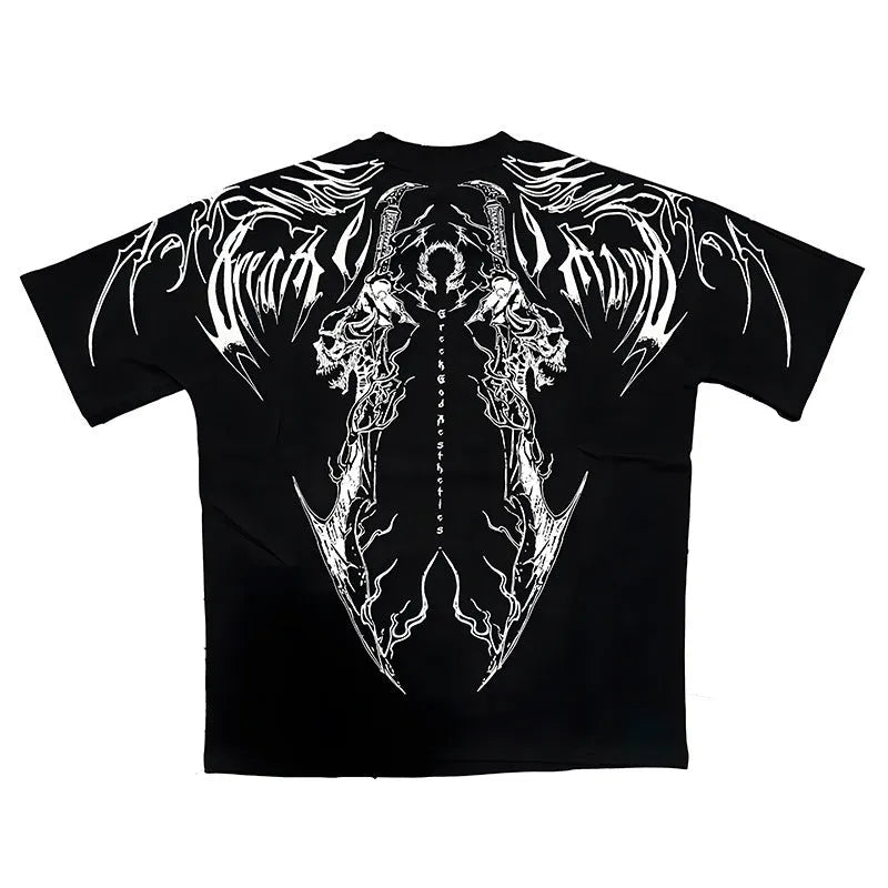 Loose dark style plus size cotton T-shirt with short sleeves and gilding craft details