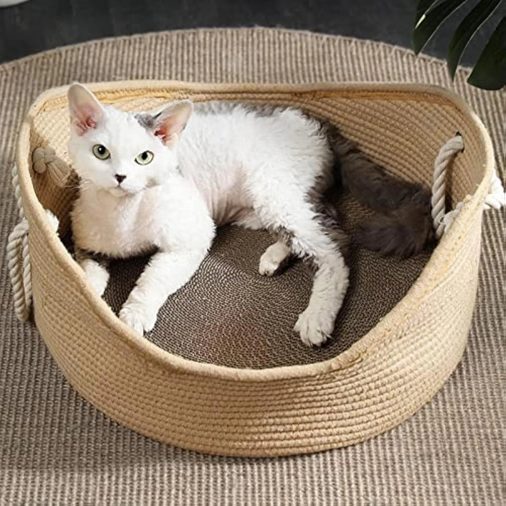 Wicker cat bed basket with integrated scratching board in two size options