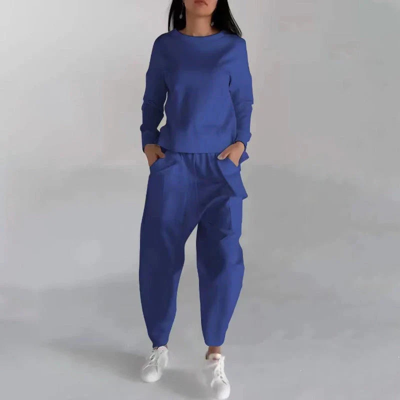 Versatile poly-blend loungewear set in various colors with pockets and back slit design