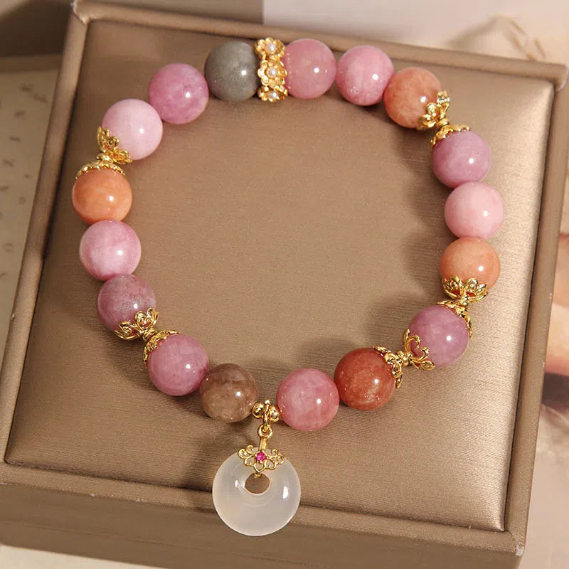 Macaron tourmaline peace buckle pendant bracelet on neutral background, women's retro style
