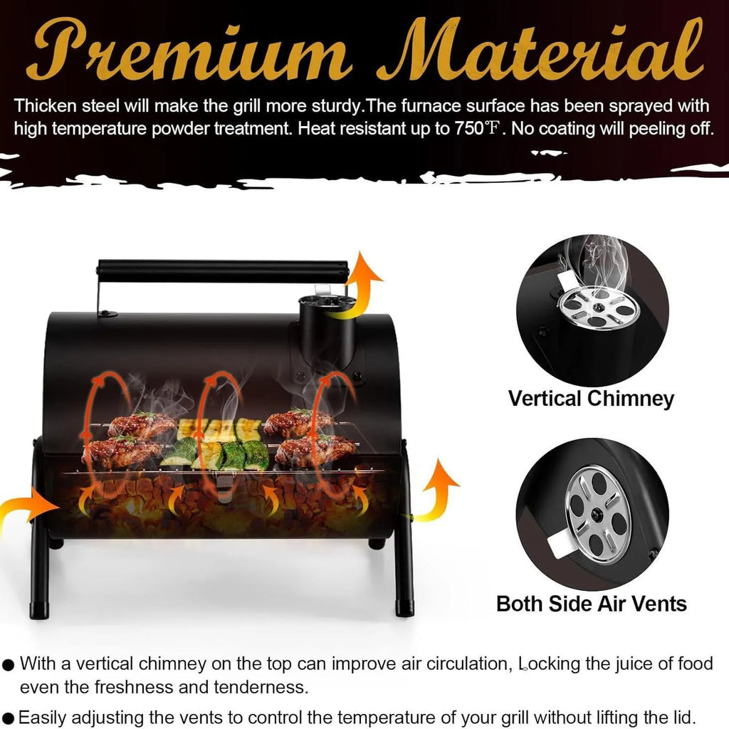 Small portable charcoal barbecue grill in a folded or unfolded state on a tabletop.