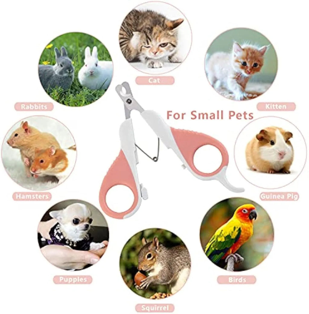 Grey and pink angled cat nail clippers with safety guard and non-slip rubber handles.