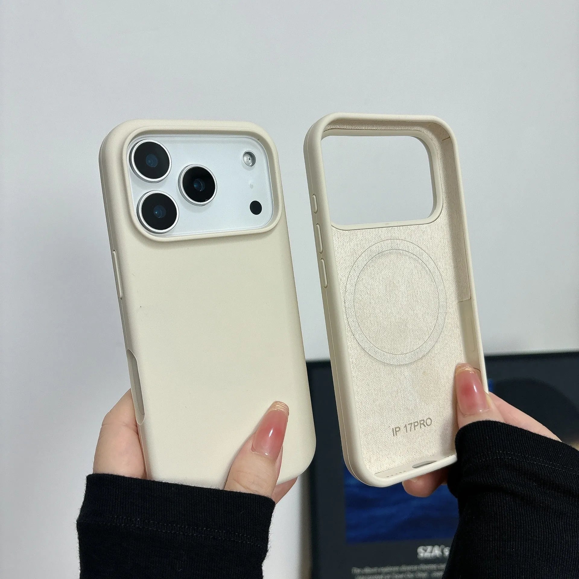 Liquid silicone magnetic iPhone case with Ai button in Antique White colour, showing MagSafe ring.
