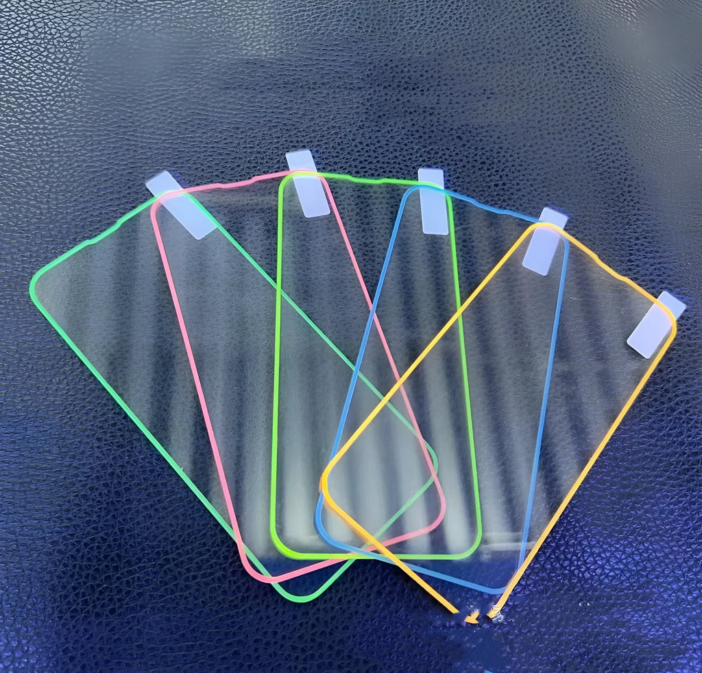 Fluorescent luminous tempered glass screen protector for iPhone in pink, yellow, green, blue, and grass green colours.